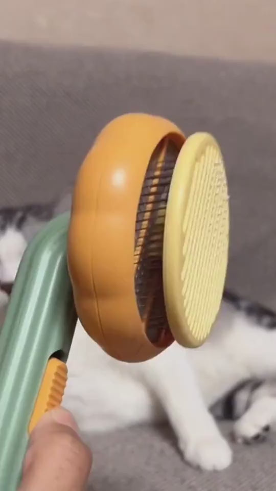 Pumpkin-shaped self-cleaning slicker brush for dogs, cats, puppies, and rabbits demonstration