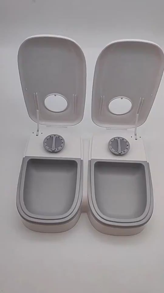 Automatic pet feeder with smart timer and stainless steel bowl demonstration