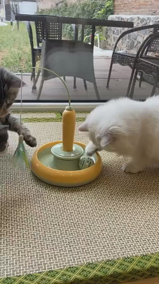 2-in-1 cat toy with feather, interactive self-play turntable demonstration