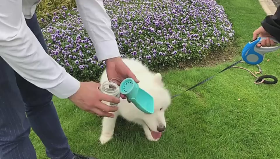 Portable dog water bottle with foldable water dispenser demonstration