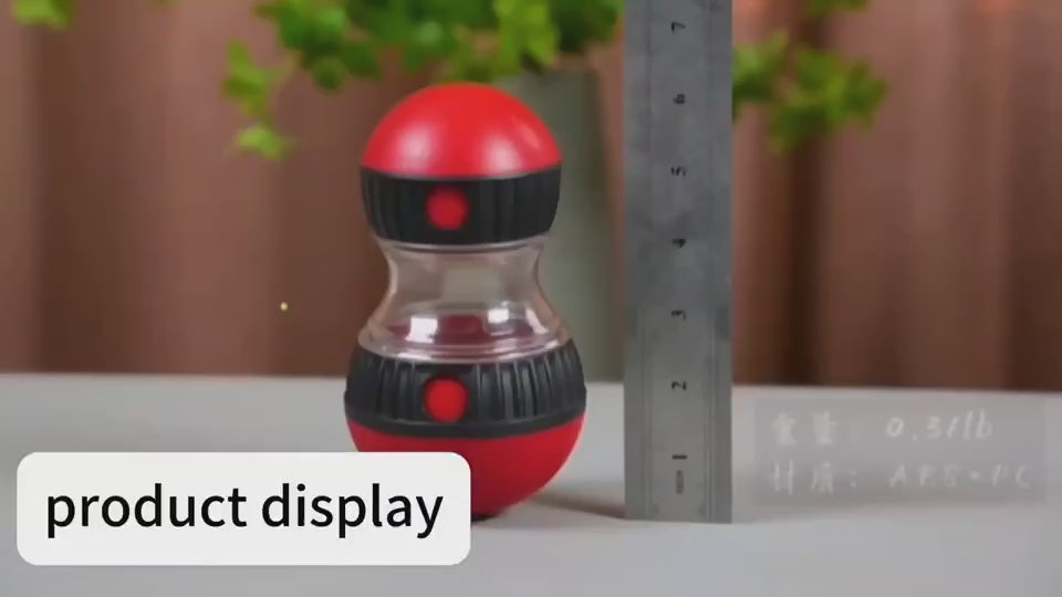 Interactive food dispensing dog toy tumbler, slow feeding puzzle ball demonstration