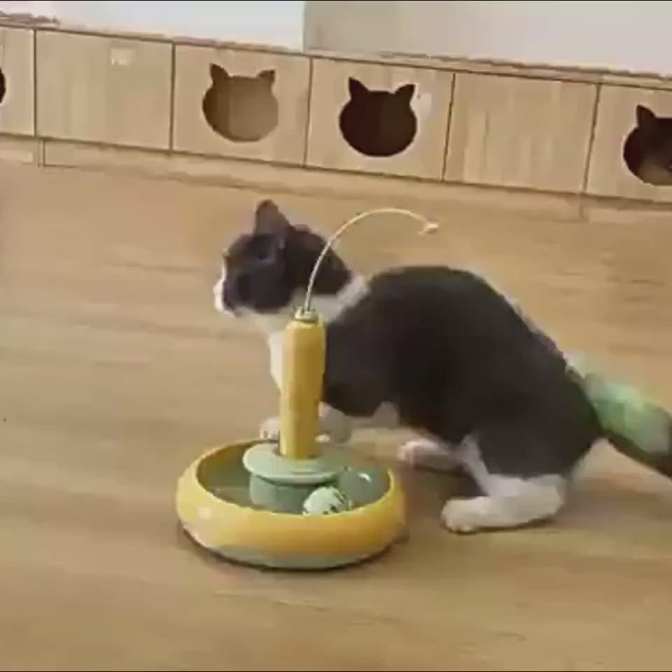 2-in-1 cat toy with feather, interactive self-play turntable demonstration