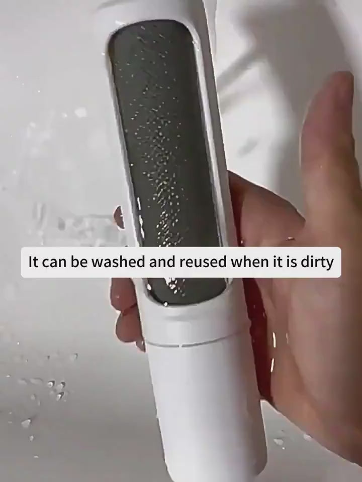 2-in-1 reusable pet hair remover brush, self-cleaning lint roller demonstration