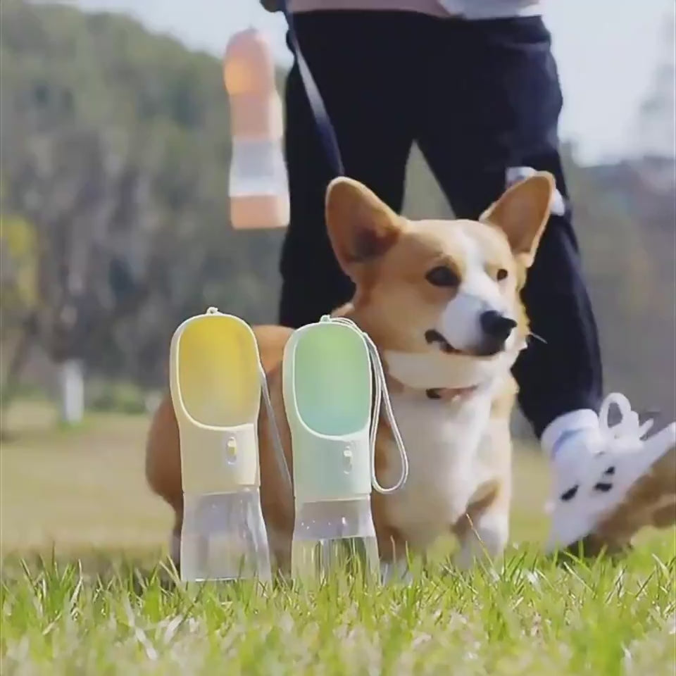 Portable dog water bottle with feeder bowl demonstration