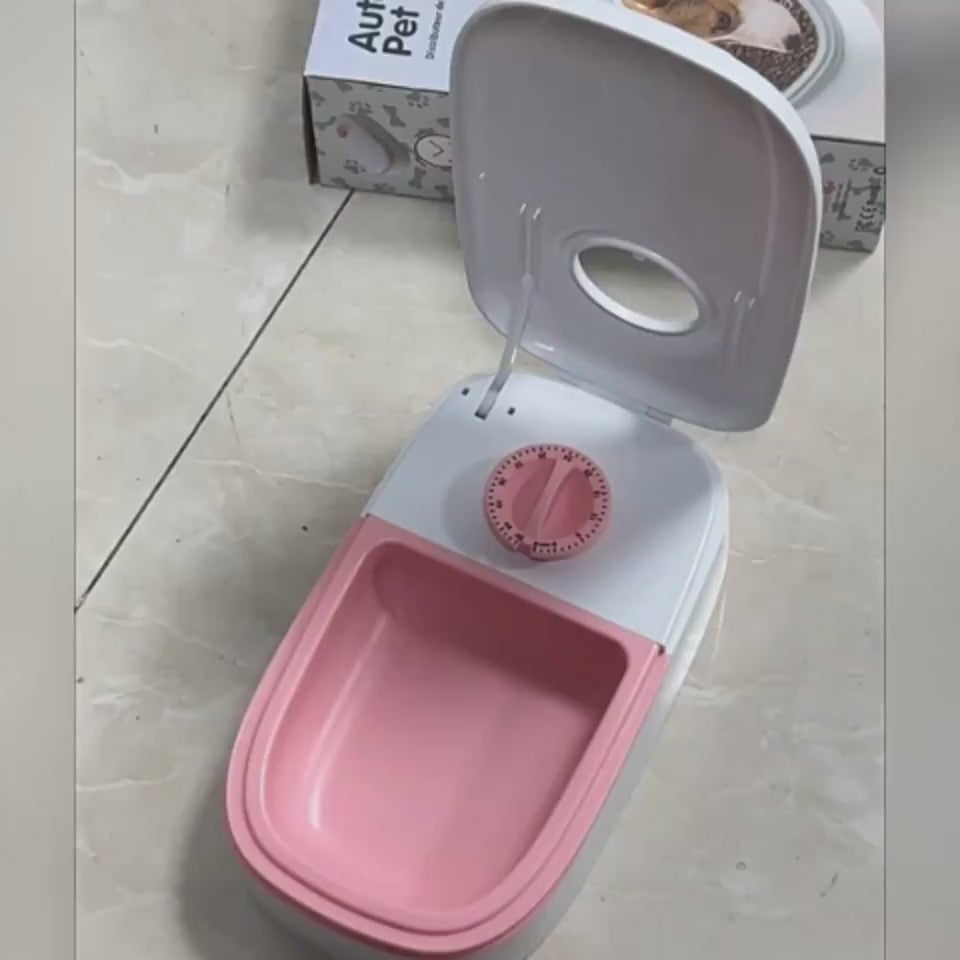 Automatic pet feeder with smart timer and stainless steel bowl demonstration
