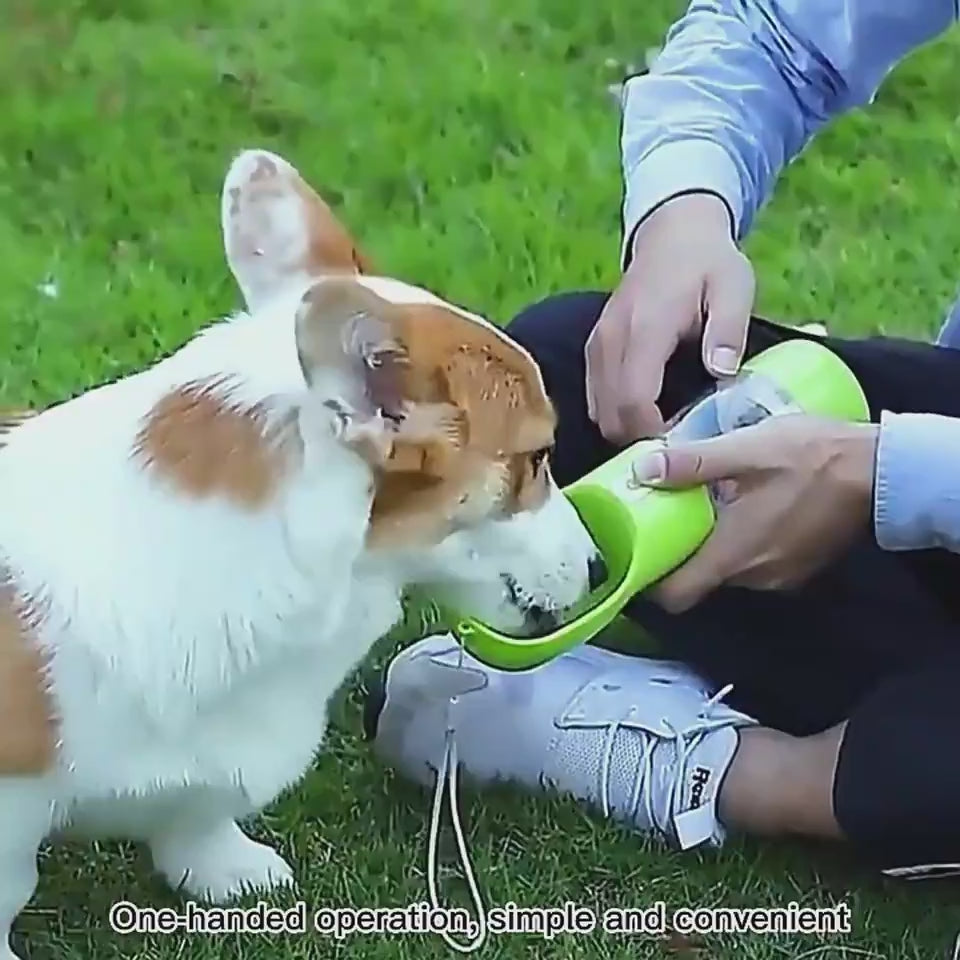 Portable dog water bottle with feeder bowl demonstration